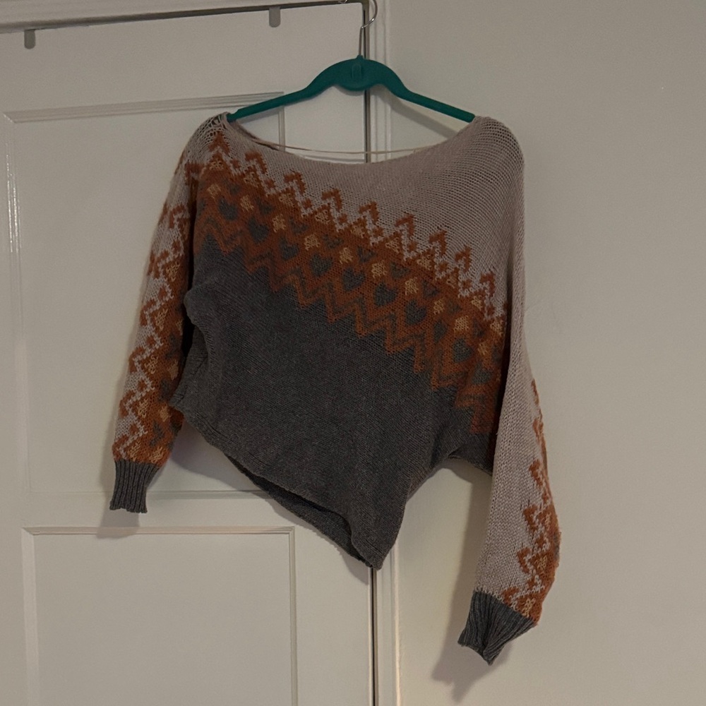 Free People Gray and Orange Patterned Sweater